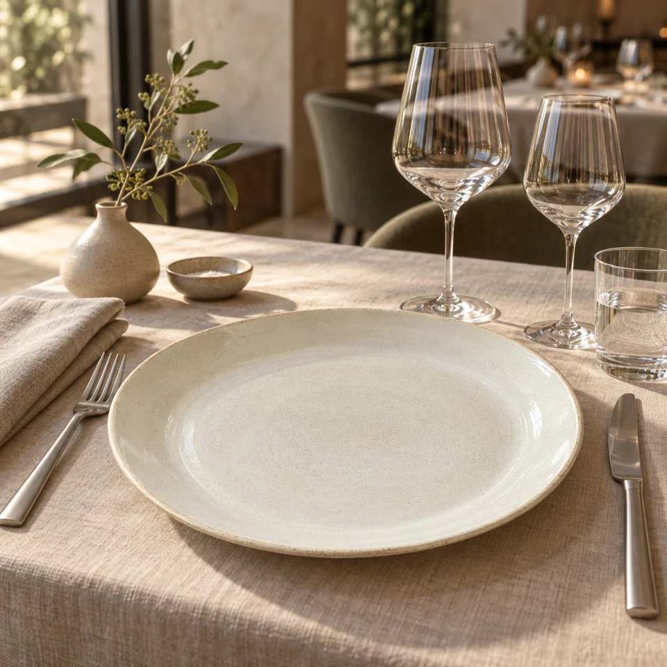 AI-sfeerbeeld van een modern gedekte restauranttafel met een licht gespikkeld keramieken bord